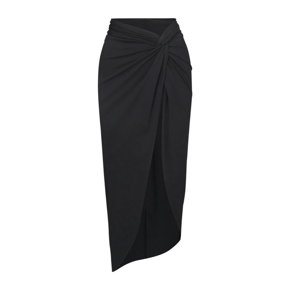 High-Waist Black Twist-Front Midi Skirt